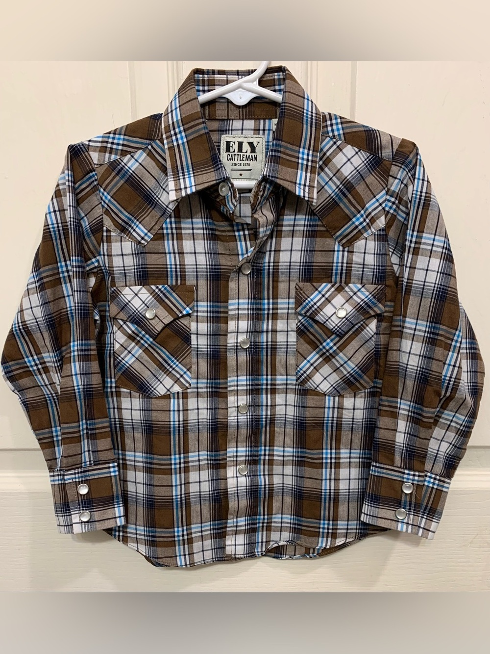 Ely Catteleman Brown Teal Plaid Botton Down 4T Boys Western Shirt. 3534